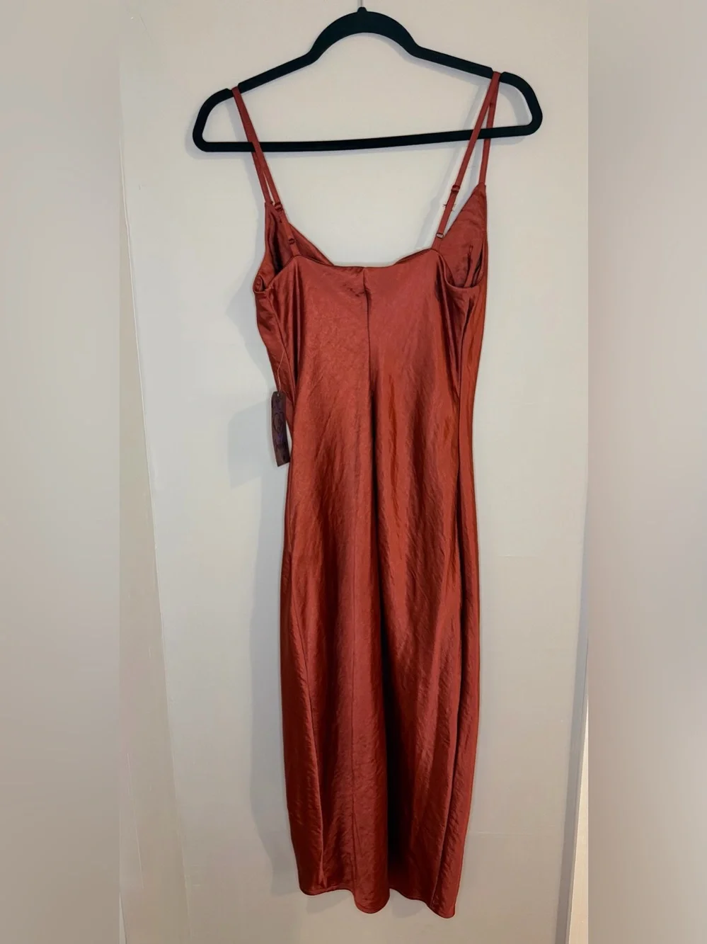 Justify Rust Satin Slip Dress Cowl Neck Side Slit Adjustable Straps NWT Small - Picture 2 of 5
